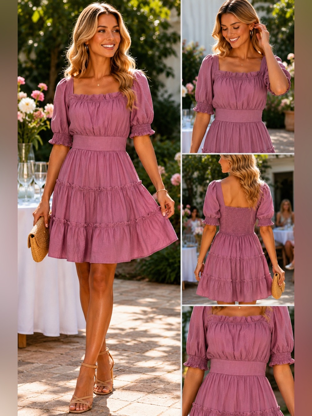 MINE Pink Cottagecore Puff Sleeve Tiered Mini Dress Womens Sz L Fairy Barbiecore